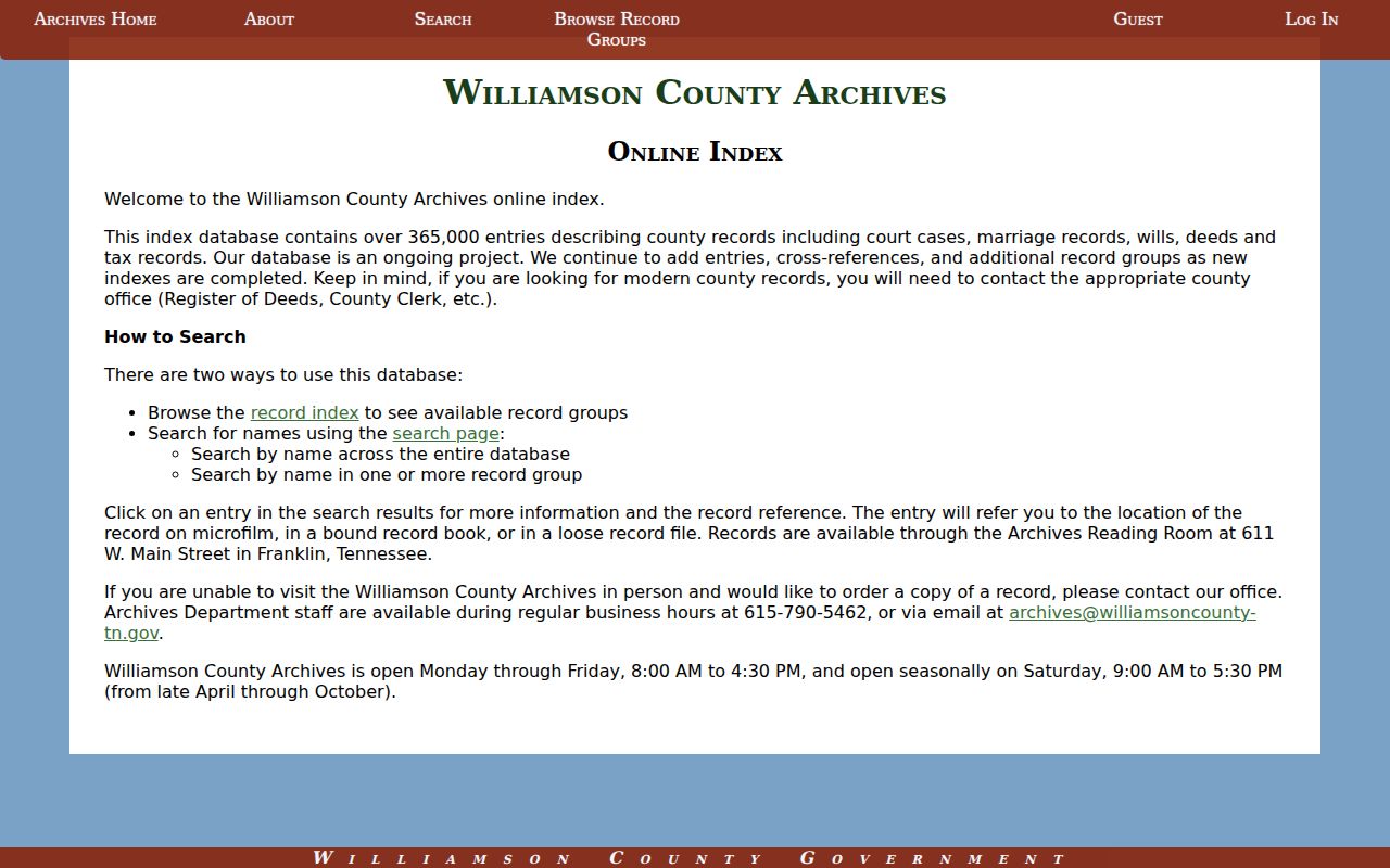 Spring Hill people search in the Williamson Archives historical index