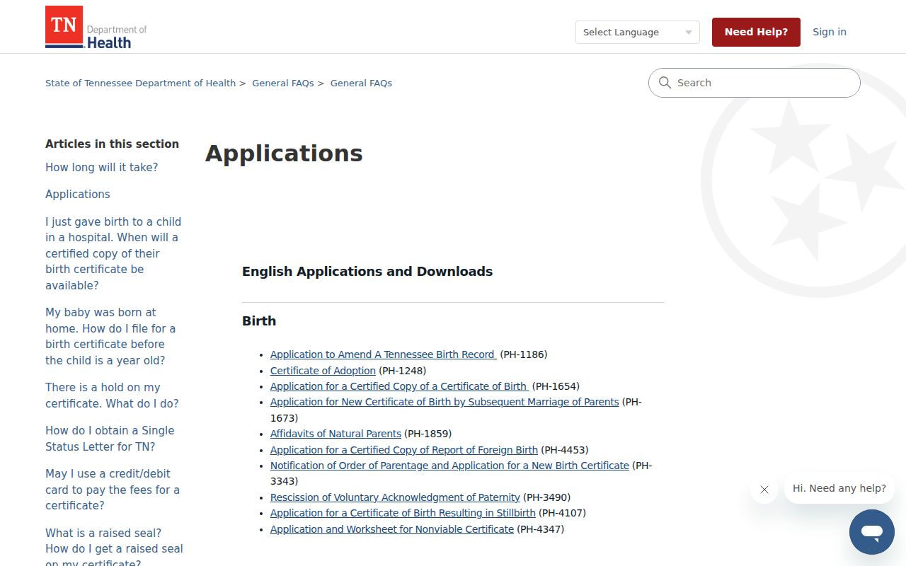 Spring Hill public records certificate applications from Tennessee Vital Records